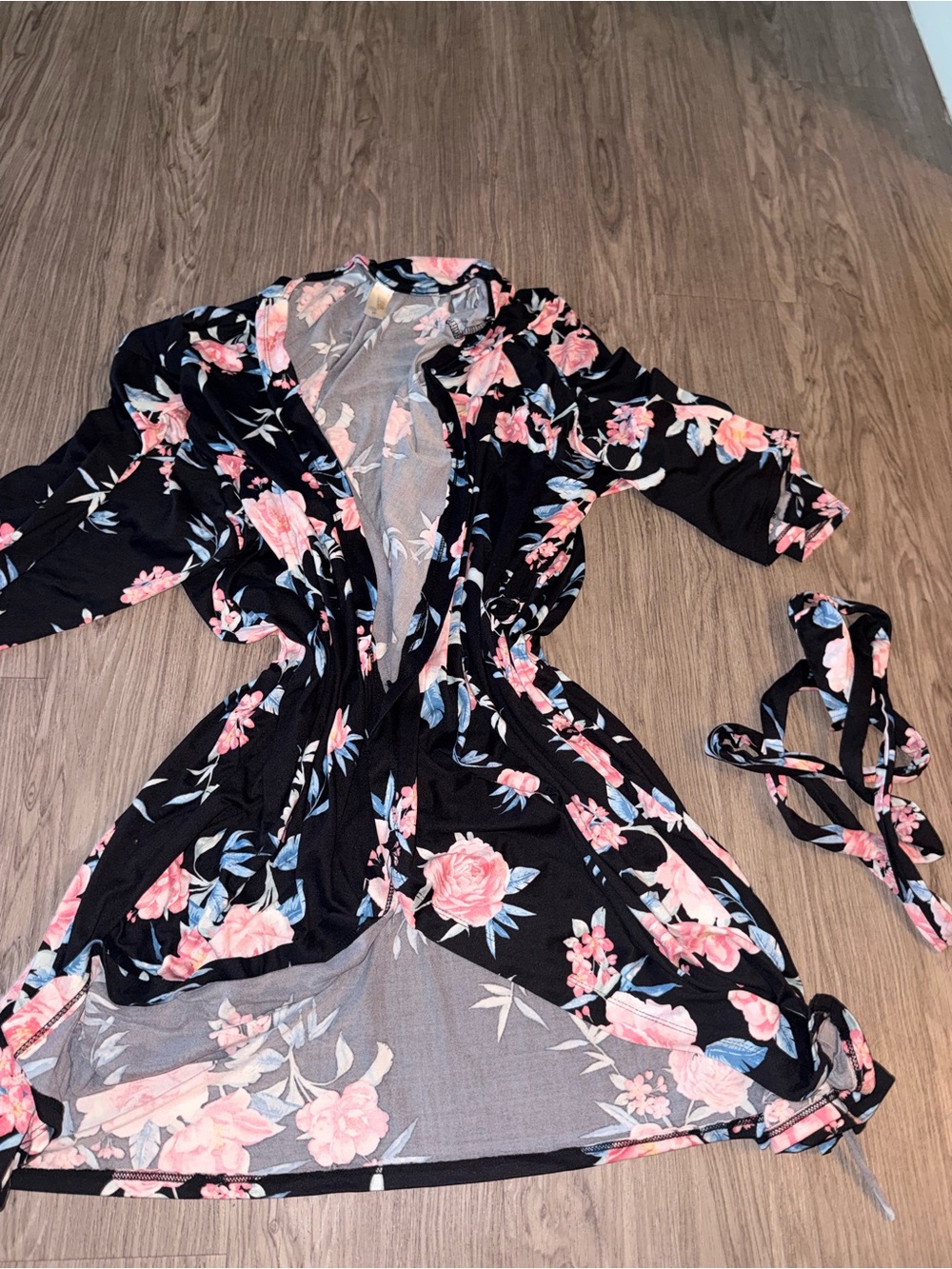 Black Floral Women's Robe with Pink Rose Print